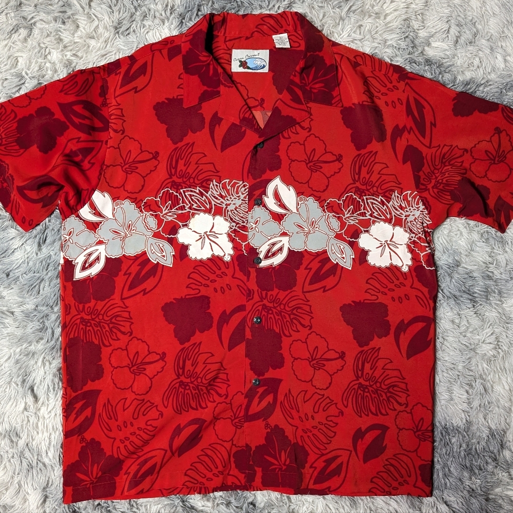 Ocean Current Tropical Sz L Red Hawaiian Print Aloha Shirt Tropical